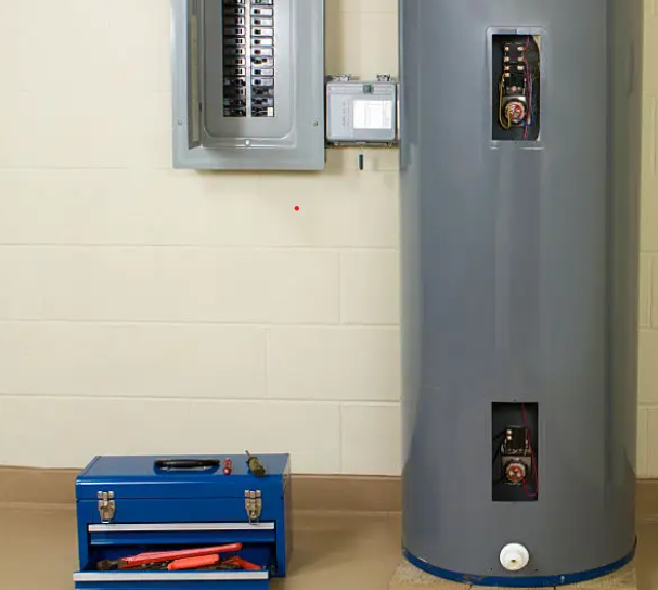 Electric water heater and breaker panel in a Temecula garage